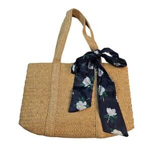 Draper James straw everyday tote purse medium silk blue ribbon accent EUC